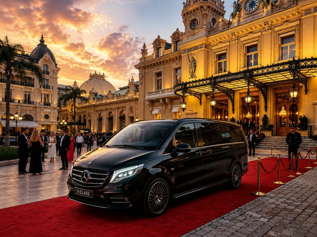 Chauffeur privé Monaco Monte Carlo - Mercedes Classe V devant le Casino de Monte-Carlo